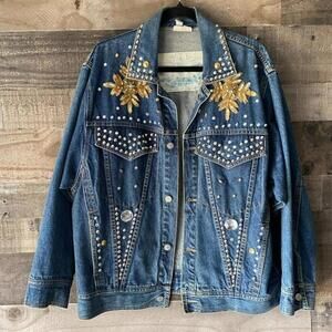 Vintage Freego Women's Size Medium Blue Denim Sequin Embellished Jean Jacket